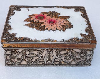 Antique Art Nouveau Enamel Trinket Box | Hand-Painted Floral Jewelry Box | c. 1890–1910