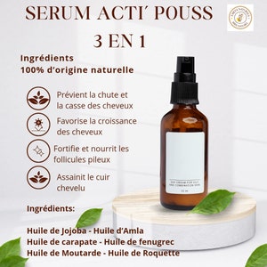 May include: A brown glass bottle with a black spray nozzle, labelled "DAY CREAM FOR OILY AND COMBINATION SKIN 50 ml". The bottle is on a wooden platform with green leaves. The text "SERUM ACTI' POUSS 3 EN 1" is at the top of the image. The text "Ingrédients 100% d'origine naturelle" is below the bottle. The text "Ingrédients: Huile de Jojoba - Huile d'Amla Huile de carapate - Huile de fenugrec Huile de Moutarde - Huile de Roquette" is at the bottom of the image.