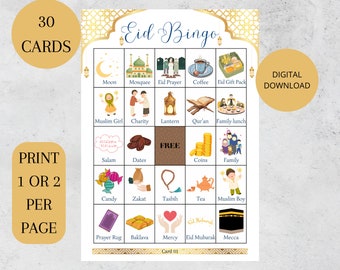 Eid-Bingo-Karten, 30 druckbare Bingo-Karten, druckbares Bingo, Eid-Bingo-Spiel, Ramadan-Bingo-Bretter, Eid-Bingo zum Ausdrucken, Eid-Party, Ramadan