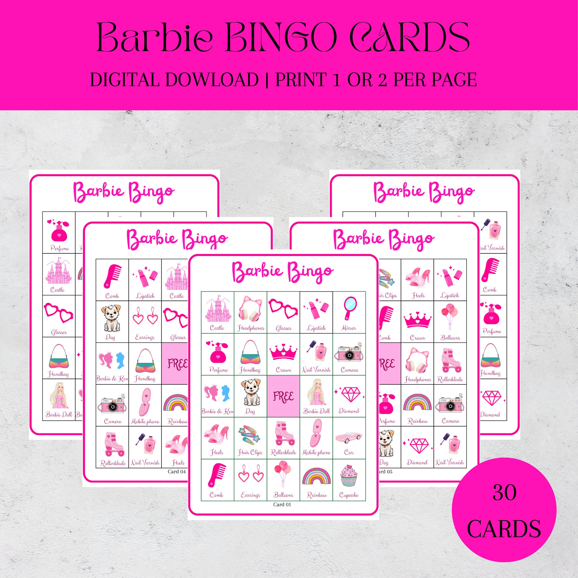 Barbie Bingo, 30 Printable Barbie Bingo Cards, Princess Birthday