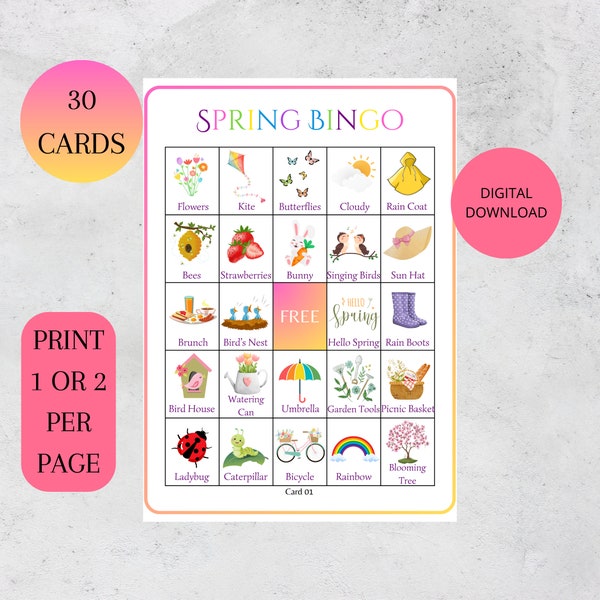 Printable Spring Bingo, 30 Spring Bingo Cards, Spring Bingo Kids Classroom Activity, Kids Party Game, Spring Classroom Activity, Party Bingo