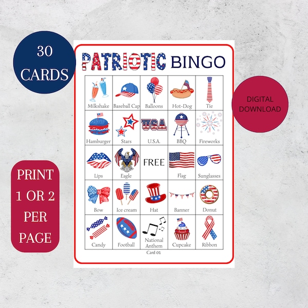 30 Patriotic Bingo Game Cards, 4th of July Bingo, Independence Day Activity for Kids,Independence Day Classroom Game,4th of July Party idea