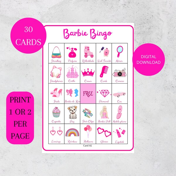 Barbie Bingo, 30 Printable Barbie Bingo Cards, Princess Birthday, Barbie Party Game, Princess Birthday Party, Barbie Printable, Bingo Games