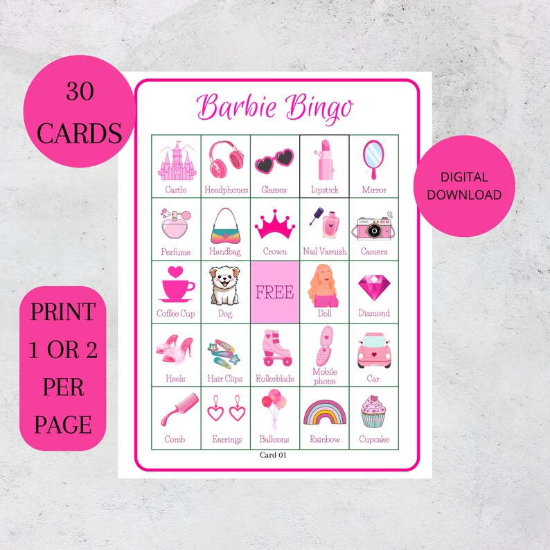 Barbie Bingo, 30 Printable Barbie Bingo Cards, Princess Birthday