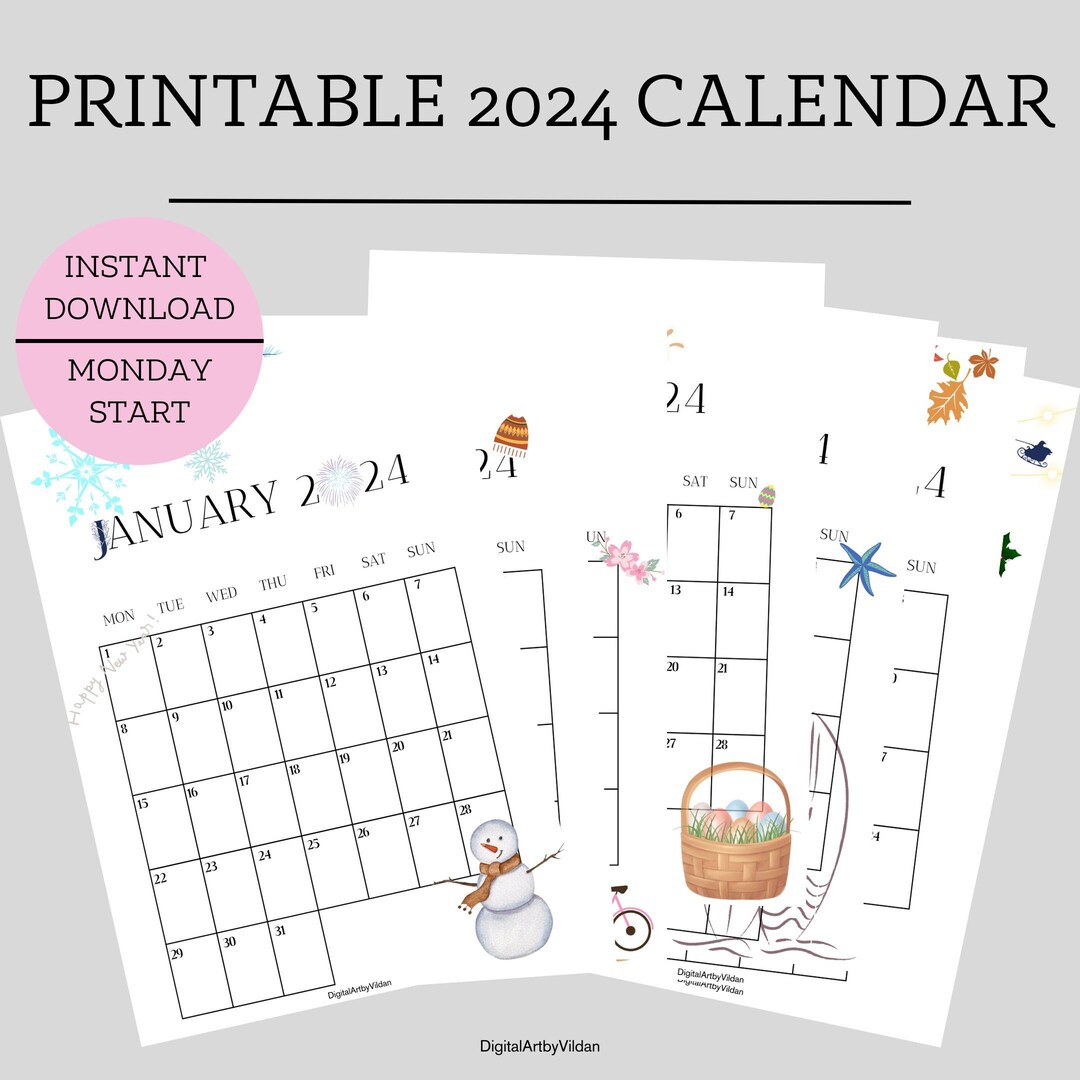 Funny Minimalist 2024 Calendar Printable 2024 Calendar A4 Size Monday ...