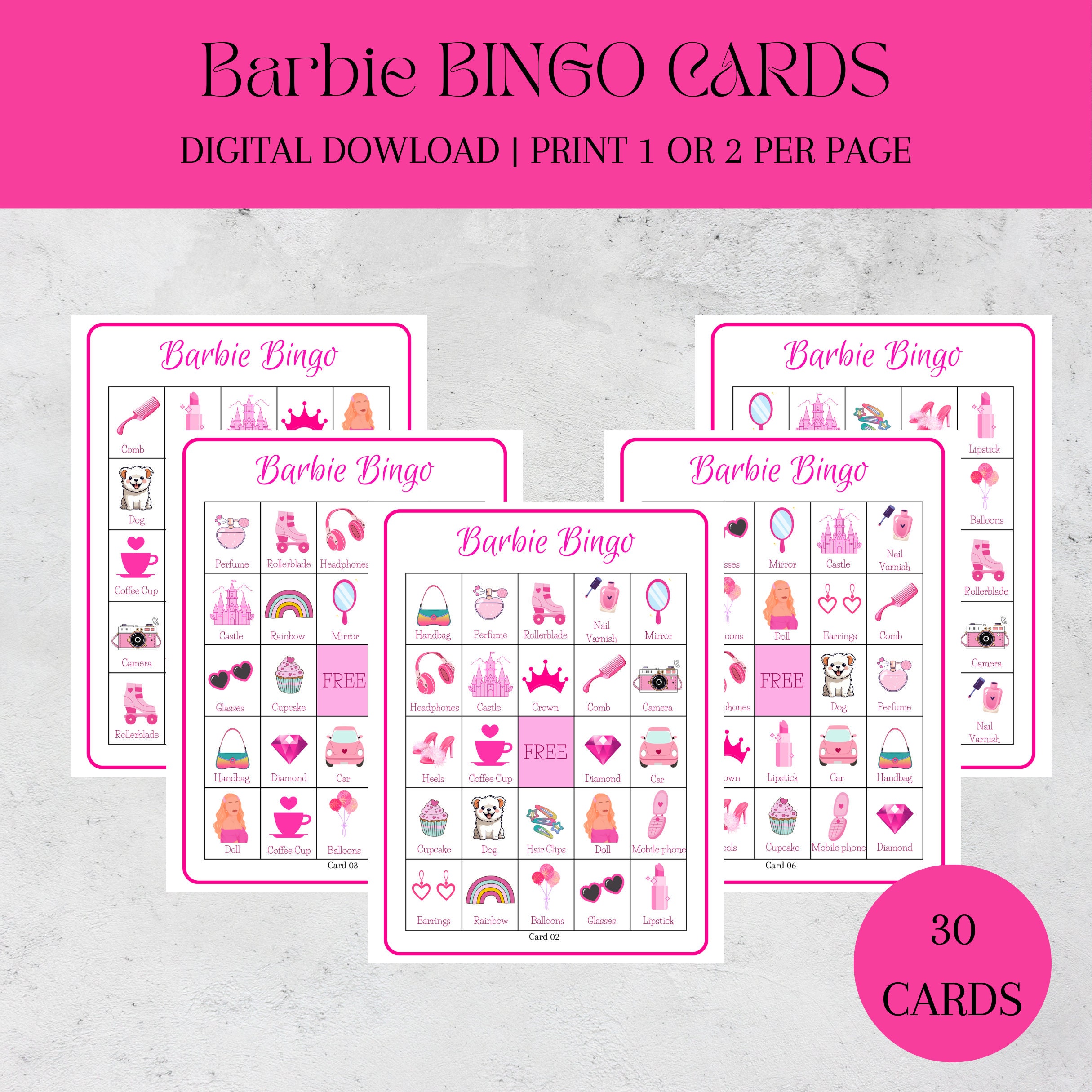 Barbie Bingo, 30 Printable Barbie Bingo Cards, Princess Birthday ...
