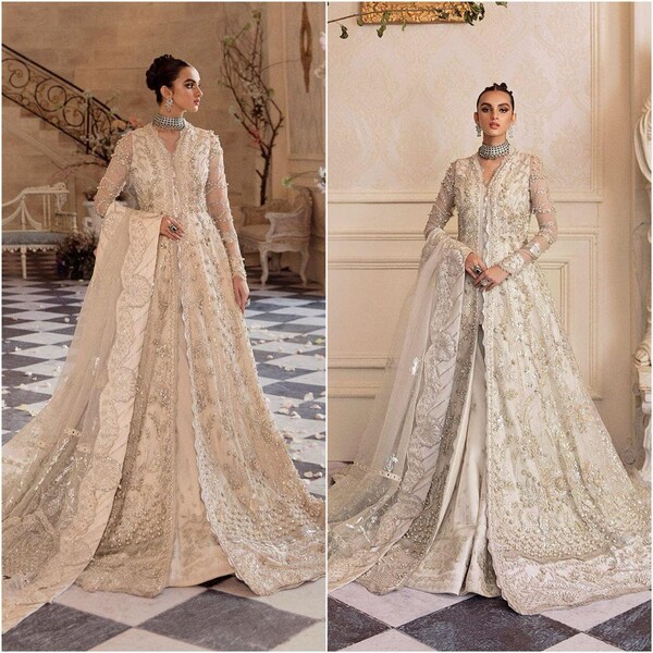 Latest Pakistani Wedding dresses Indian embroidery Clothes long Maxi Gown style Walima offwhite dress Suit Salwar Kameez stitched for Nikkah