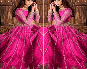 Pakistani Indian Wedding dresses Pink Maxi long Frock collection Eid Suits Latest Clothes net Salwar Kameez Party Wear Custom stitch