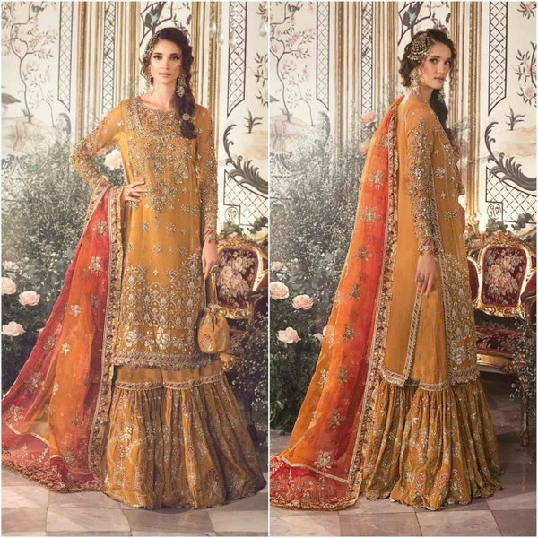 Pakistani Indian Wedding Dresses mehndi Clothes Latest dress Collection Gharara Style Embroidery Suit Salwar Kameez mustard Custom stitched