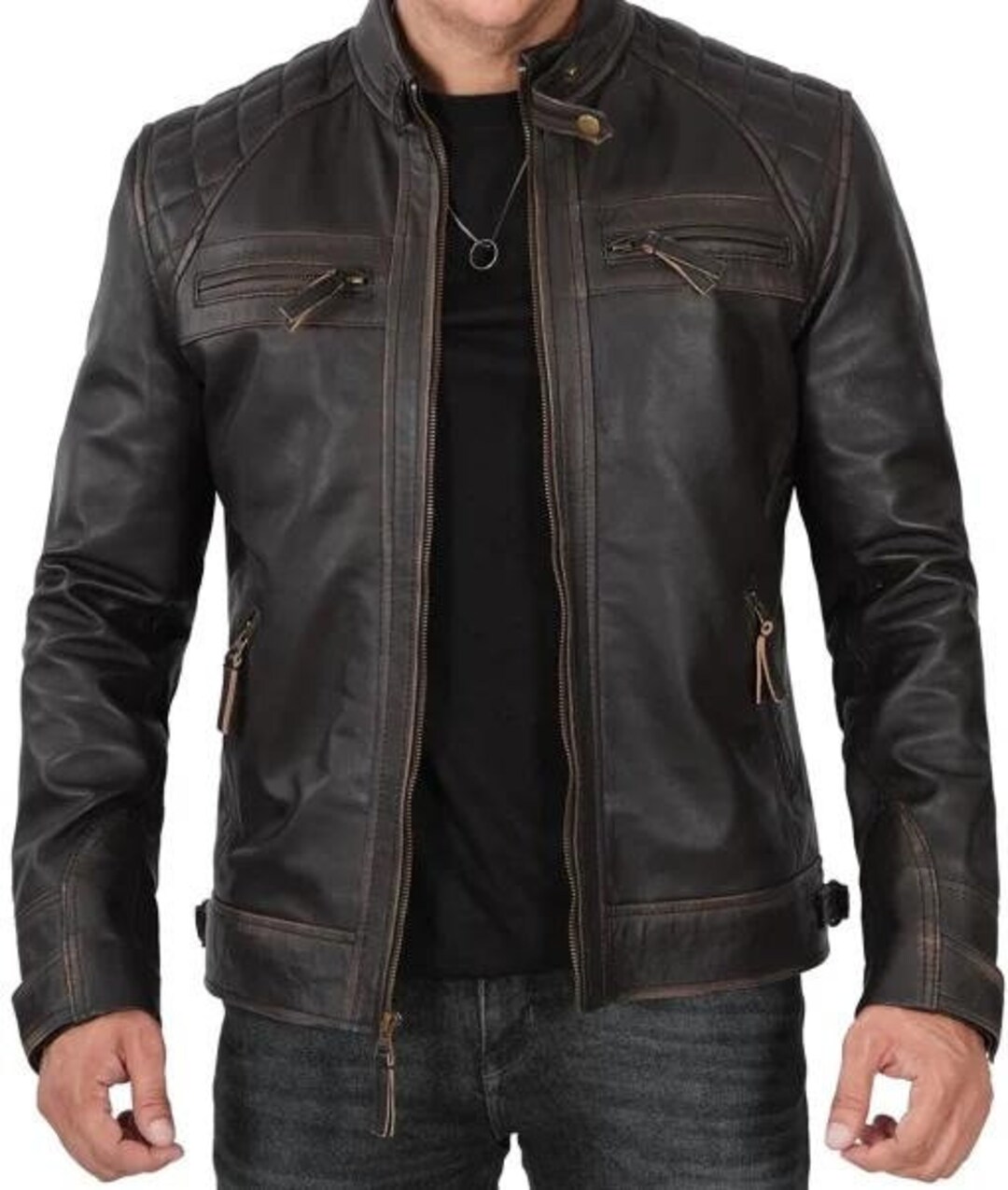 Mens Brown Quilted Leather Jacket Distressed Leather Biker Style Etsy