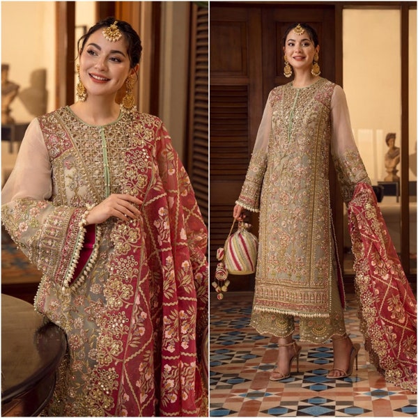 Últimos vestidos de novia indios paquistaníes ropa bordada Camisa de organza colección de vestidos traje de fiesta eid salwar kameez cosido para mehndi