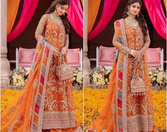 Latest Pakistani Wedding Dresses Embroidery Clothes Indian dress Collection angrakha Style mehndi Suit Salwar Kameez orange Custom stitched