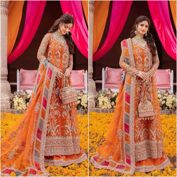 Dernières robes de mariée pakistanaises Vêtements de broderie Collection de robes indiennes Style angrakha Costume mehndi Salwar Kameez orange Cousu sur mesure