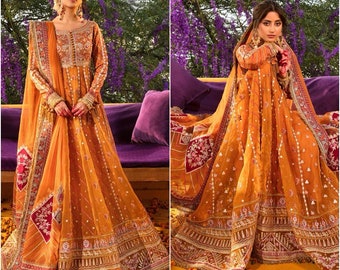 Latest Pakistani Wedding dresses embroidery mehndi Clothes Orange long maxi peshwas Collection Indian dress Suits Shalwar Kameez stitched