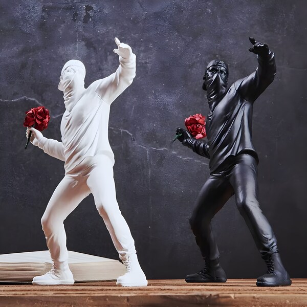 Flower Thrower Figurine - Banksy Sculpture, Teenage Rebel Statue, Street Art, Bouquet of Flowers, Resin Crafts, Home Decor