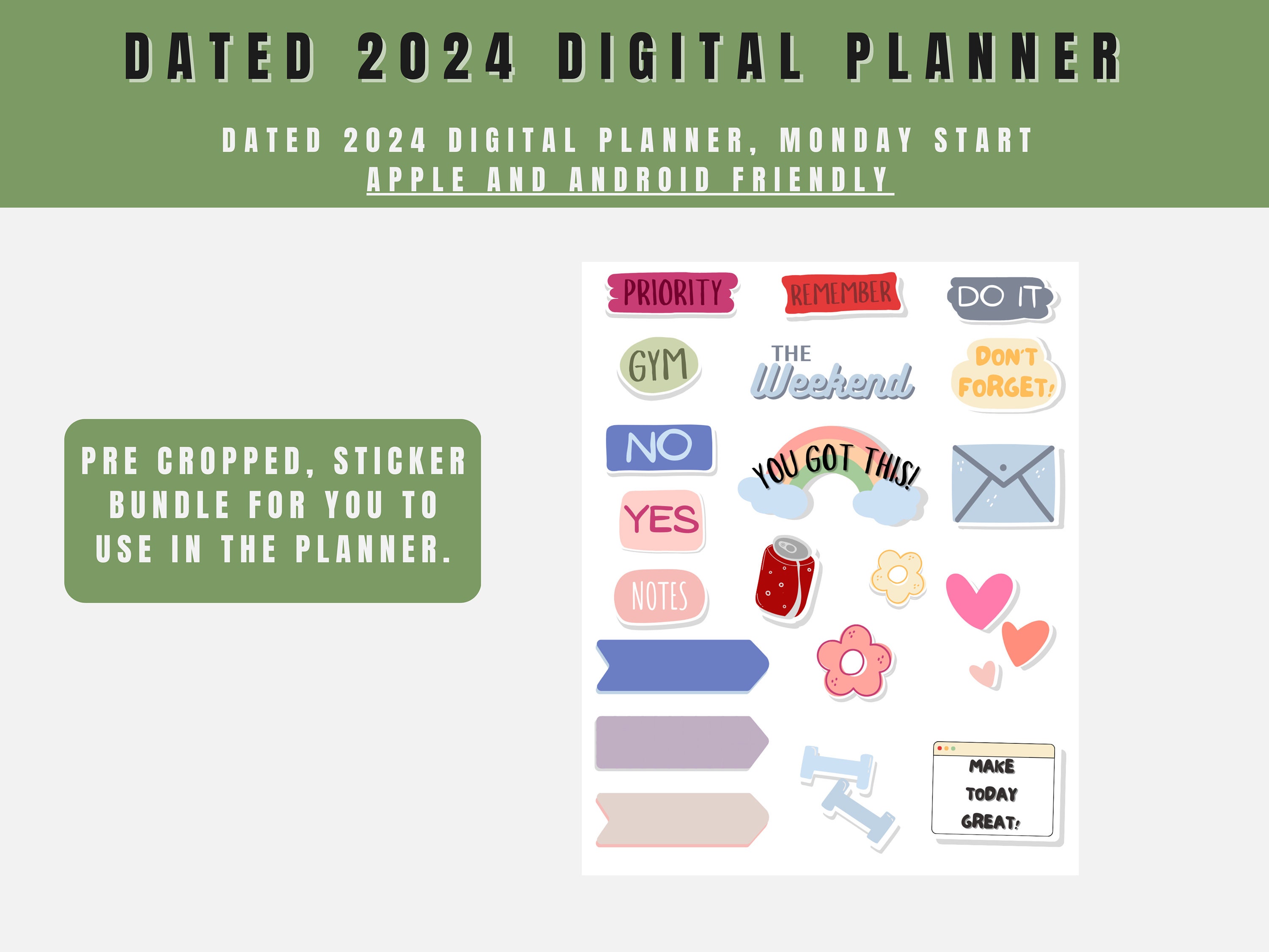 2024 Green Digital Planner Dated Digital Planner Goodnotes Bujo Android