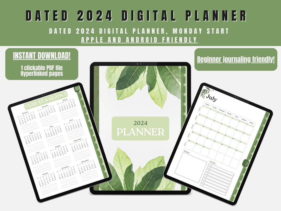 2024 Green Digital Planner Dated Digital Planner Goodnotes Bujo Android