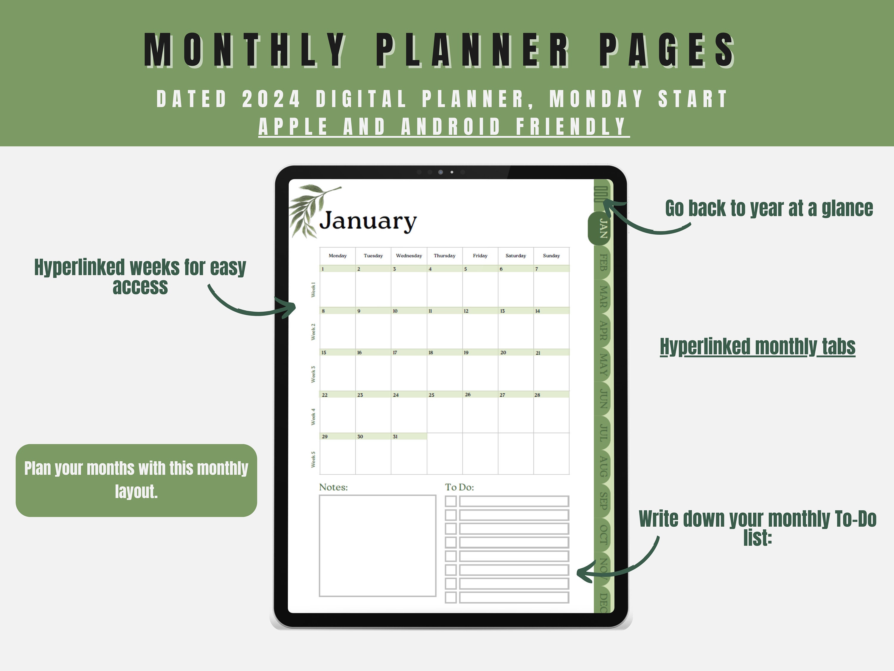 2024 Green Digital Planner Dated Digital Planner Goodnotes Bujo Android