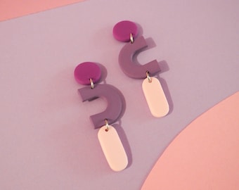 Boucles d’oreilles pendantes pâte polymère POP - Fuchsia, violet lavande & rose pâle | Fait main en France