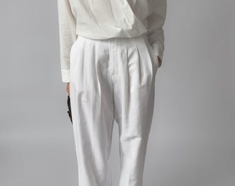 90s Pleated Linen-Blend Trousers | White