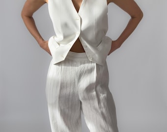 90s Pinstriped Linen Trousers | White