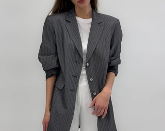 blazer oversize vintage à fines rayures en gris