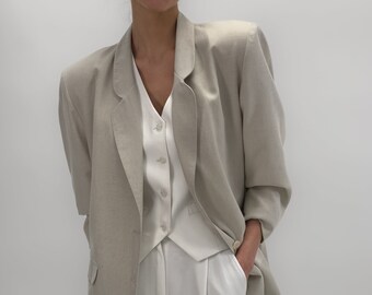 Blazer vintage en lin mélangé beige