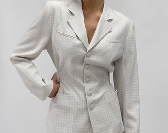 Vintage Cream White Checkered Classy Blazer.