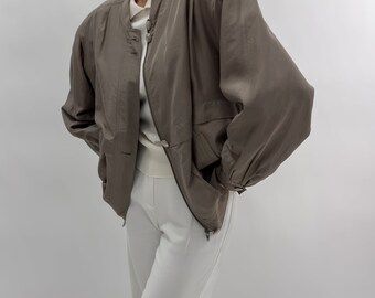 80s Vintage Pure Silk Bomber Jacket in Taupe