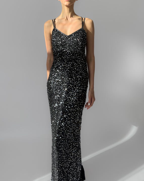 90s Silk Sequin Maxi Dress in Black - Etsy Israel