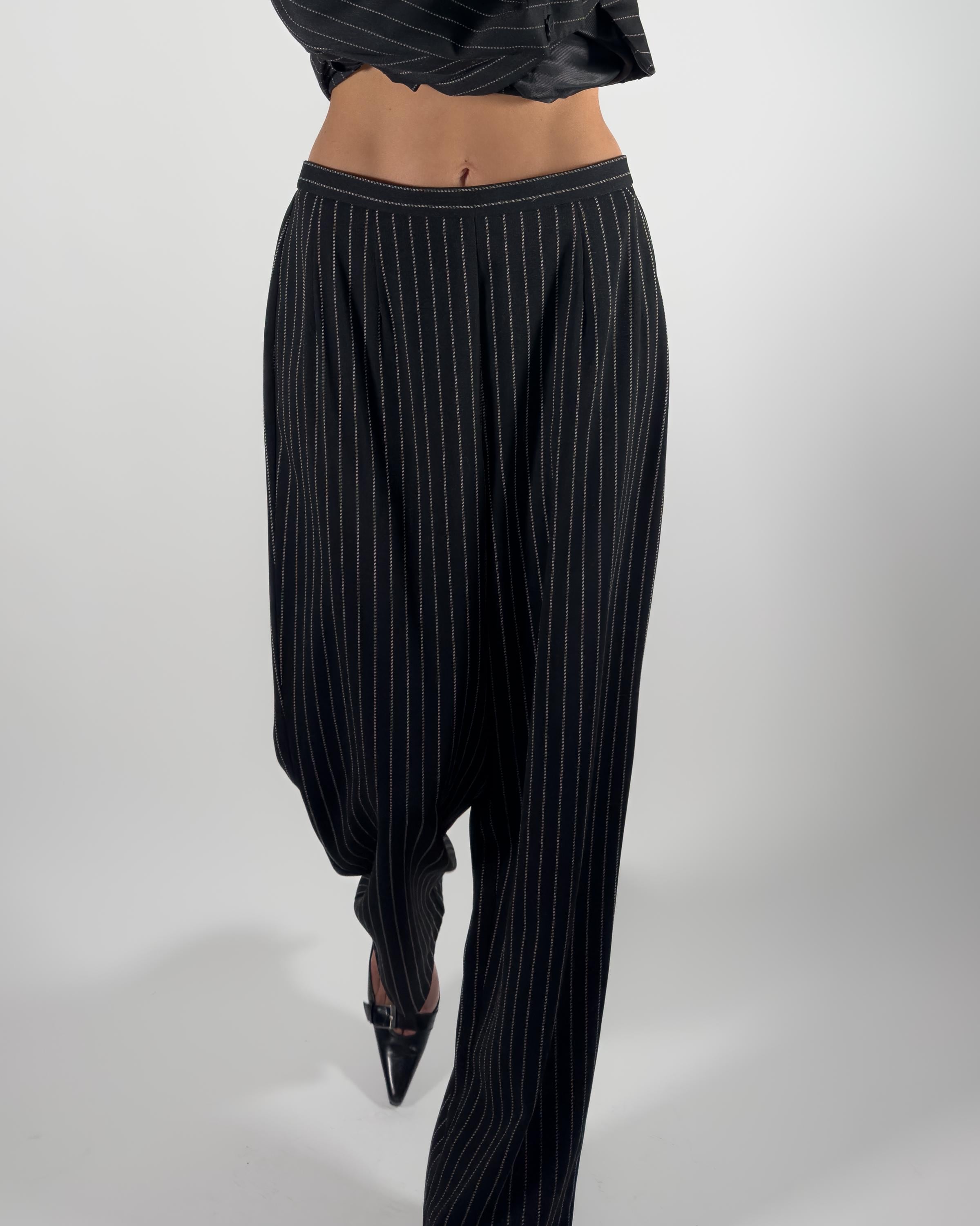 90s Pinstriped High-Rise Suit Trousers | Black