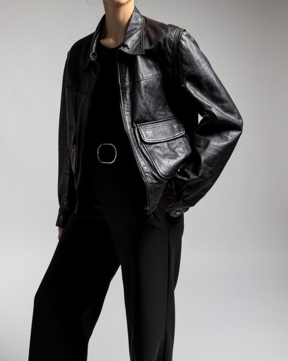 Italian Vintage Leather Bomber Jacket | Black