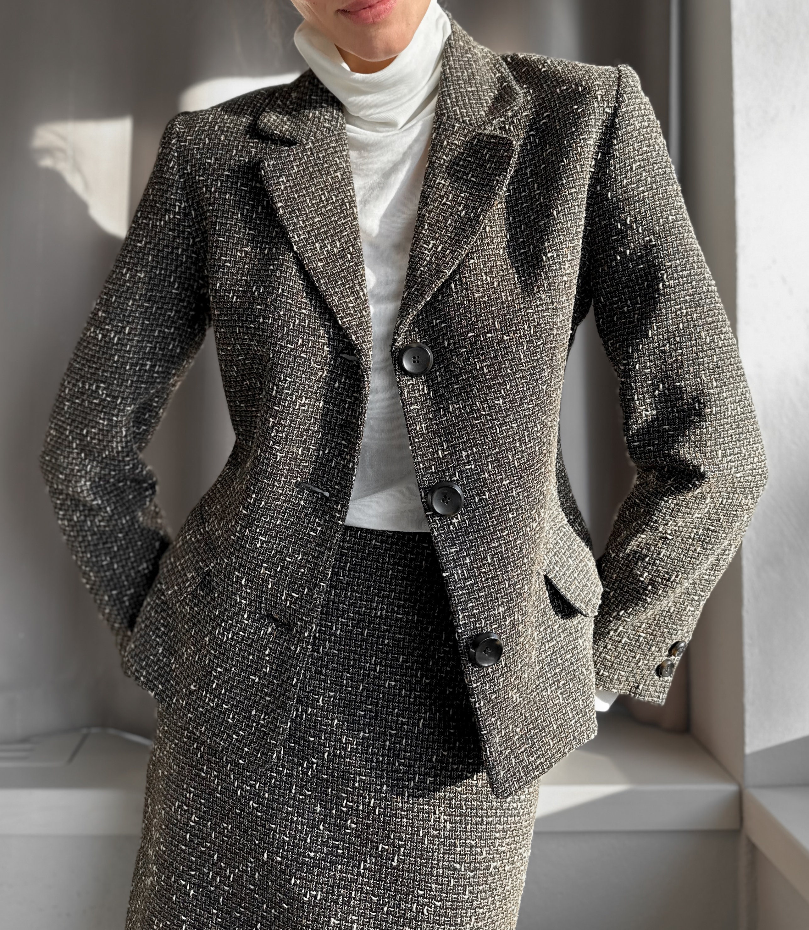 Woolen Lace-up Blazers Outerwear Skirt Midi Dresses Two-piece Set