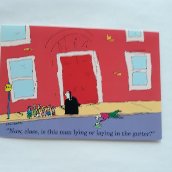 Vintage 1980s John Callahan Birthday Card Now class is this man lying or laying in the gutter from Noble Works