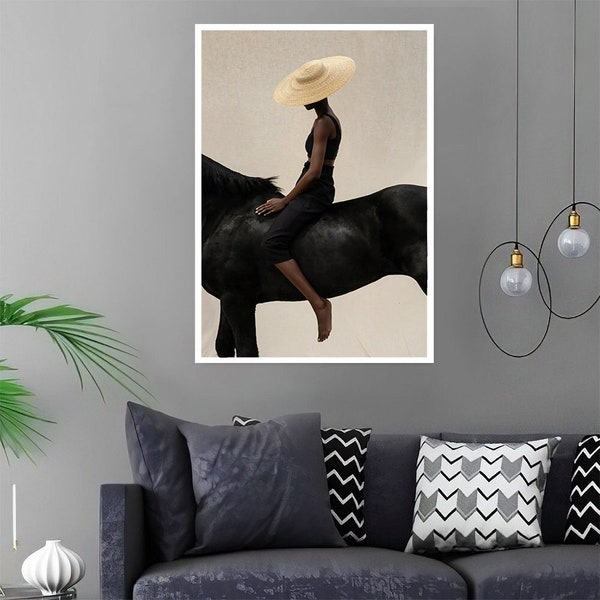 Impression sur toile femme chevauchant un cheval, art mural cheval noir, peinture femme noire, affiche femme au chapeau, art mural moderne, décoration murale de salon