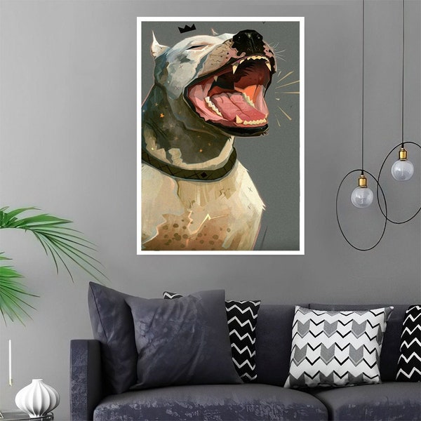White Pitbull Canvas Print, Barking pit bull Wall art, Pitbull Poster, Pitbull Portreit, Dog Canvas,Animal Canvas Art