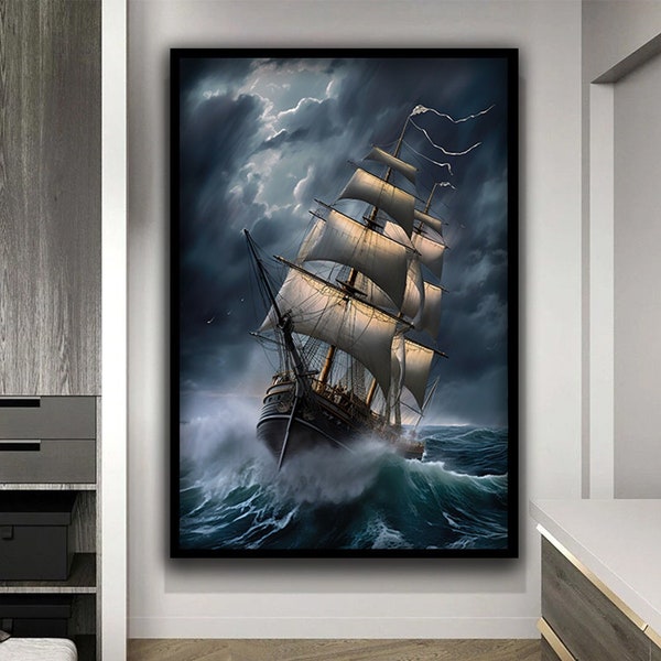 Ship in Storm Canvas, Pirate ship wall art, Pirate ship Sea Storm Art, Storm Canvas,  Rowing Boat Wall Art, Sailboat painting, Ship print