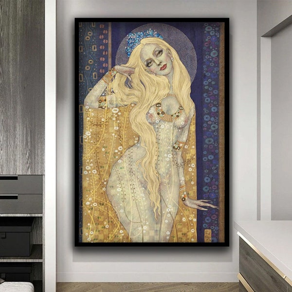 Impression sur toile femme blonde, oeuvre d'art murale femme aux cheveux blonds, figure de femme en impression jaune, peinture femme reine