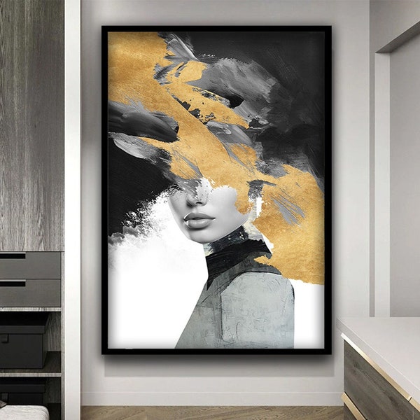 Abstract vrouw canvas schilderij, gouden gezicht vrouw canvas wand decor, gouden vrouw canvas paneel, mode wand decor, vrouwen muur canvas kunst