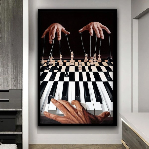 Chess Wall Art, Piano Keys Wall Art, Black and White Canvas, Chess Pieces Wall Decor, Wall Art Prints, Office Poster, Modern Canvas