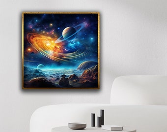 Planets Canvas Print, Space Wall Art Canvas, Saturn Canvas Painting, Saturn Wall Decor, Solar System Canvas, Lunar surface canvas, Moon Art