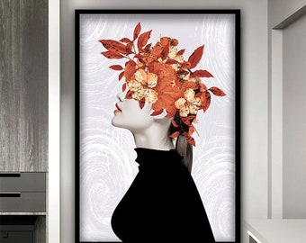 Woman with orange flower head canvas, Woman with orange flowers wall art, Flower-headed woman painting, Woman floral portreit, Woman design