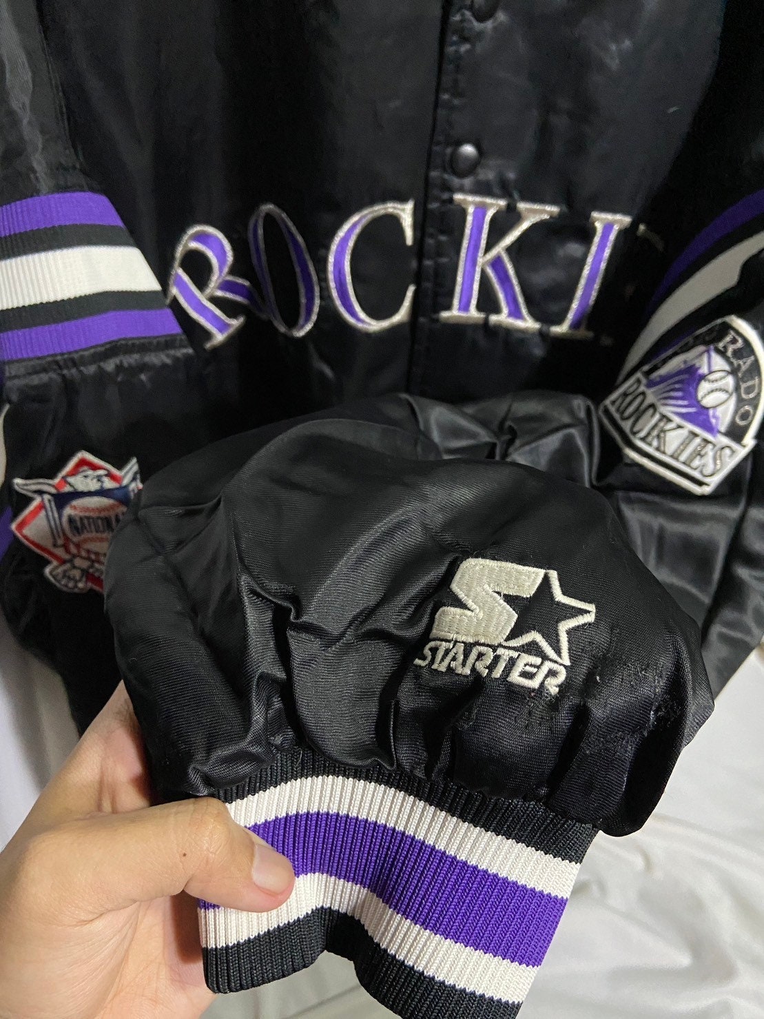 Vintage des années 80 Starter Colorado Rockies en satin Bomber Jacket Mens Large MLB Baseball