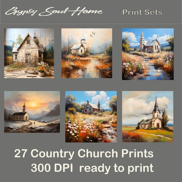 Printable White Country Church Vintage Oil Painting Bundle Country Digital Print Set Religious Farmhouse Decor Summer Floral Landscape Decor