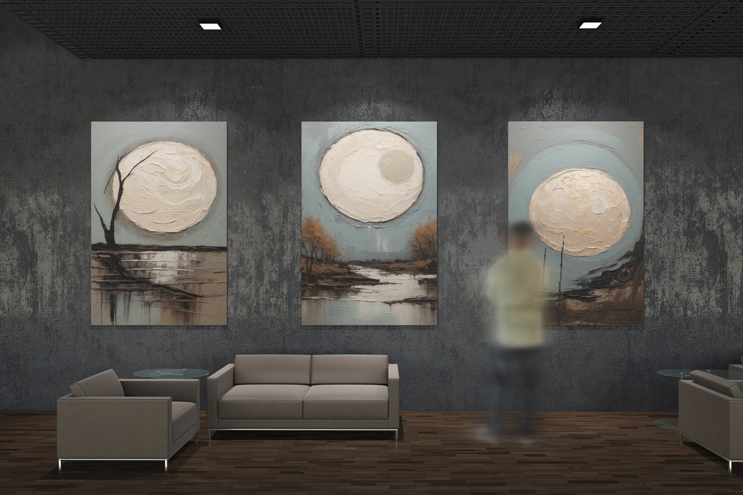 Minimalist Abstract Wabi Sabi Wall Art Blue Brown Moon Celestial ...