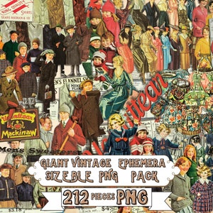 Ephemera vintage gigante, conjunto diverso, 212 PNG, mujeres hombres, hoja de collage imprimible, kit de álbum de recortes digital, tesoros de papel, artículos coleccionables