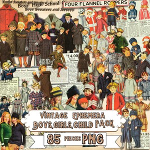 Vintage Children&#39;s Ephemera Set - 85 PNG Boys & Girls Images, Classic Retro Kids Collection, Digital Childhood Memories Pack, Junk kit
