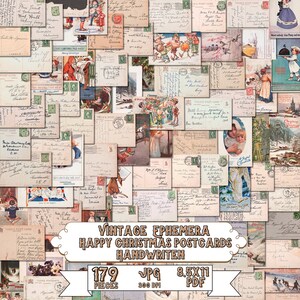 Vintage Junk Journal Ephemera Pack / 42 páginas 8.5x11 PDF / 179 postales Hoja de collage imprimible, cartas escritas a mano, kit de álbum de recortes digital