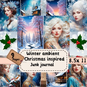 Lady Christmas Junk Journal Pages, Digital Scrapbook Paper Kit, Holiday Printable, Festive Collage Sheet, Winter Ephemera, Snowy Download