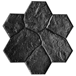 May include: Black hexagonal concrete stamp with a stone pattern. The stamp is made of durable plastic and is designed to create realistic stone-look walkways and patios.
